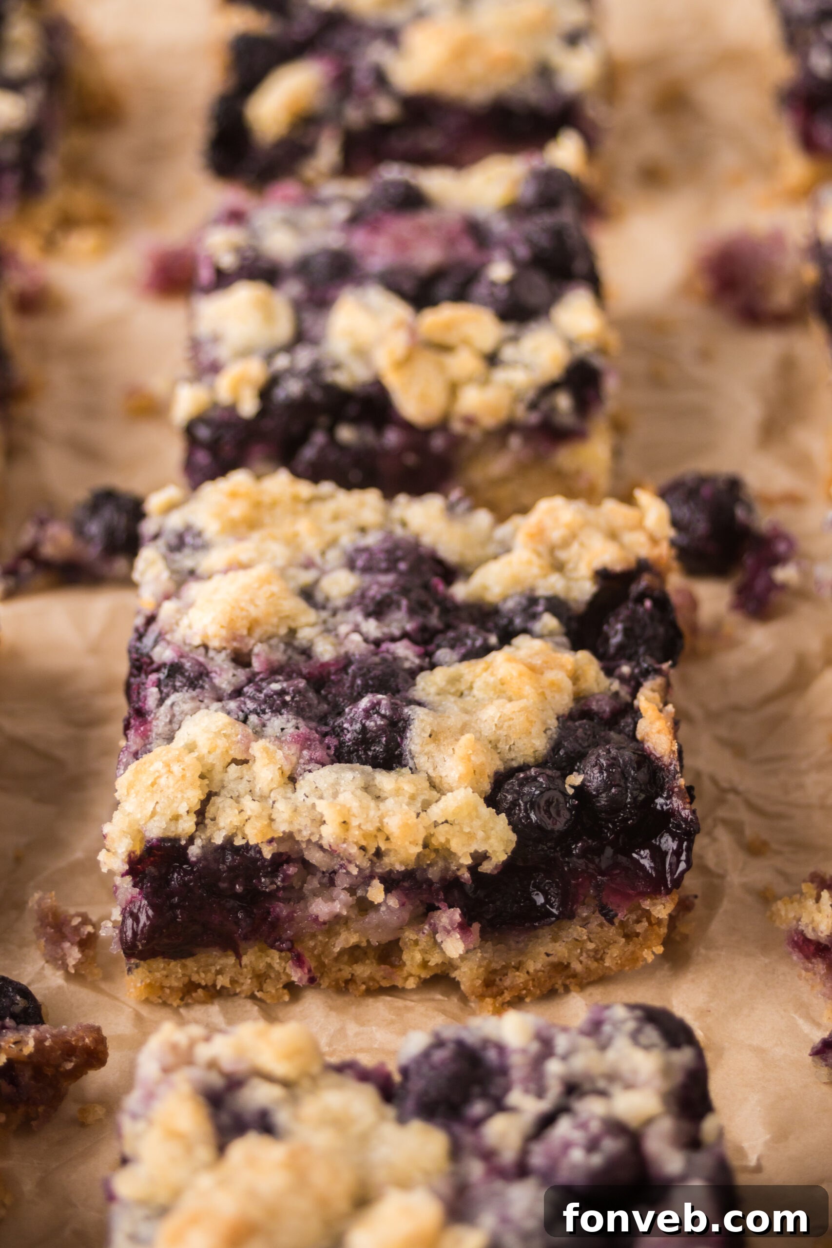 blueberry crumble bars on table all neatly cut into squares