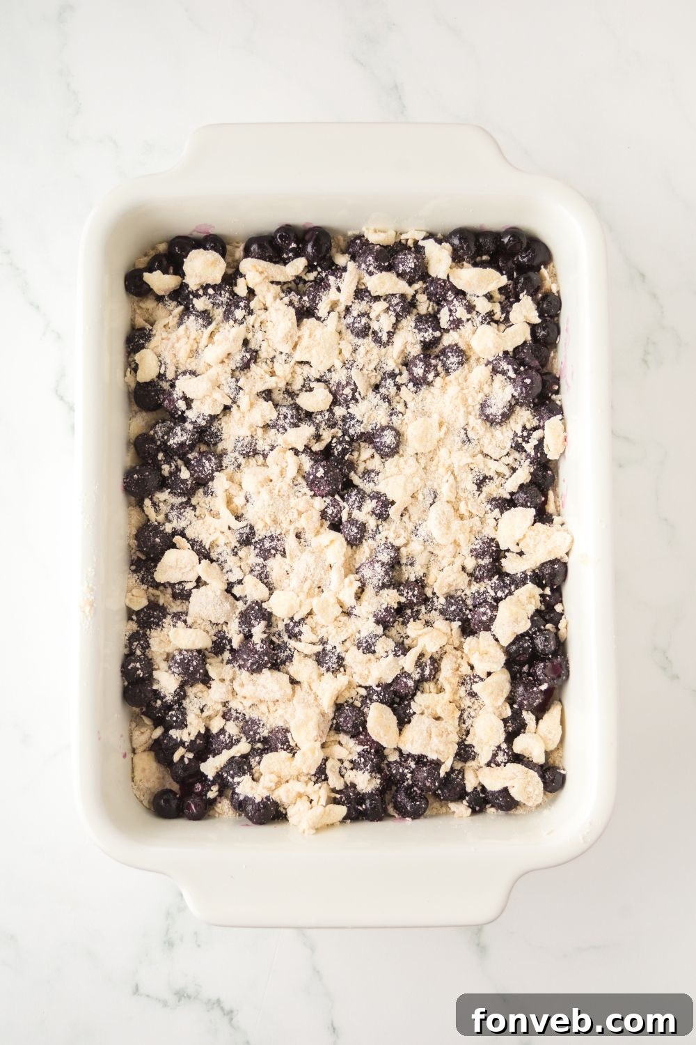 Blueberry Crumb Bars in raw form in a casserole dish 