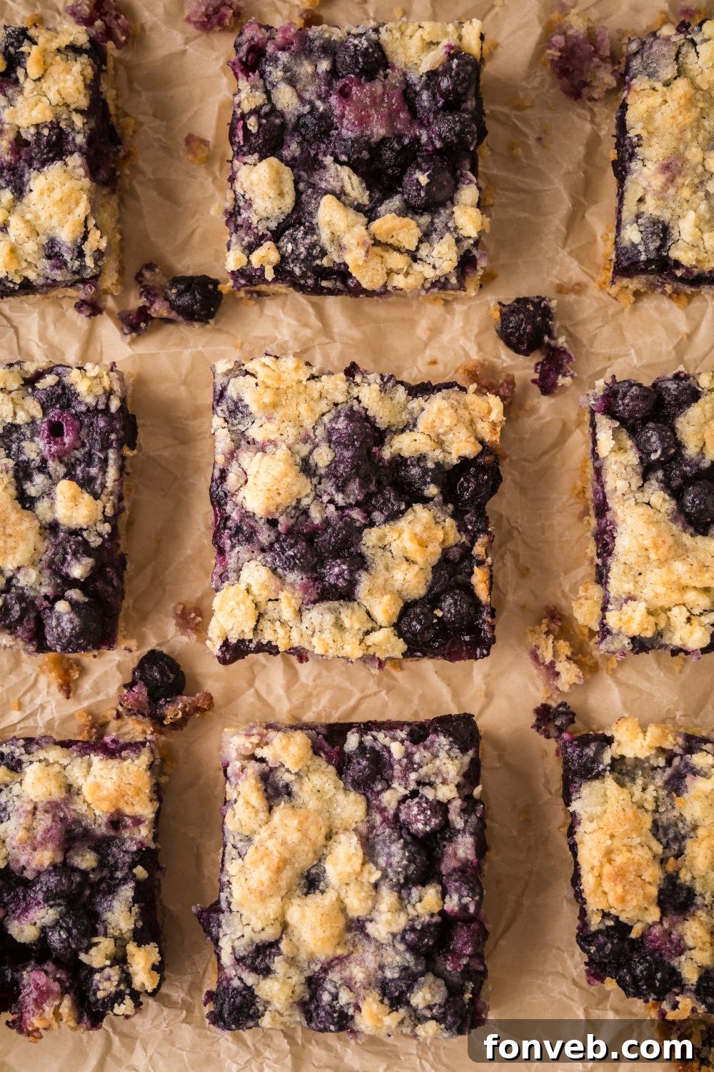 Blueberry Crumb Bars cut and placed on table in squares