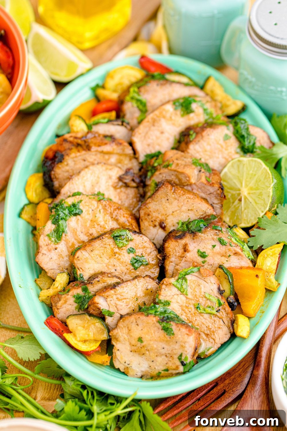 sweet and savory Grilled Pork Tenderloin on platter 