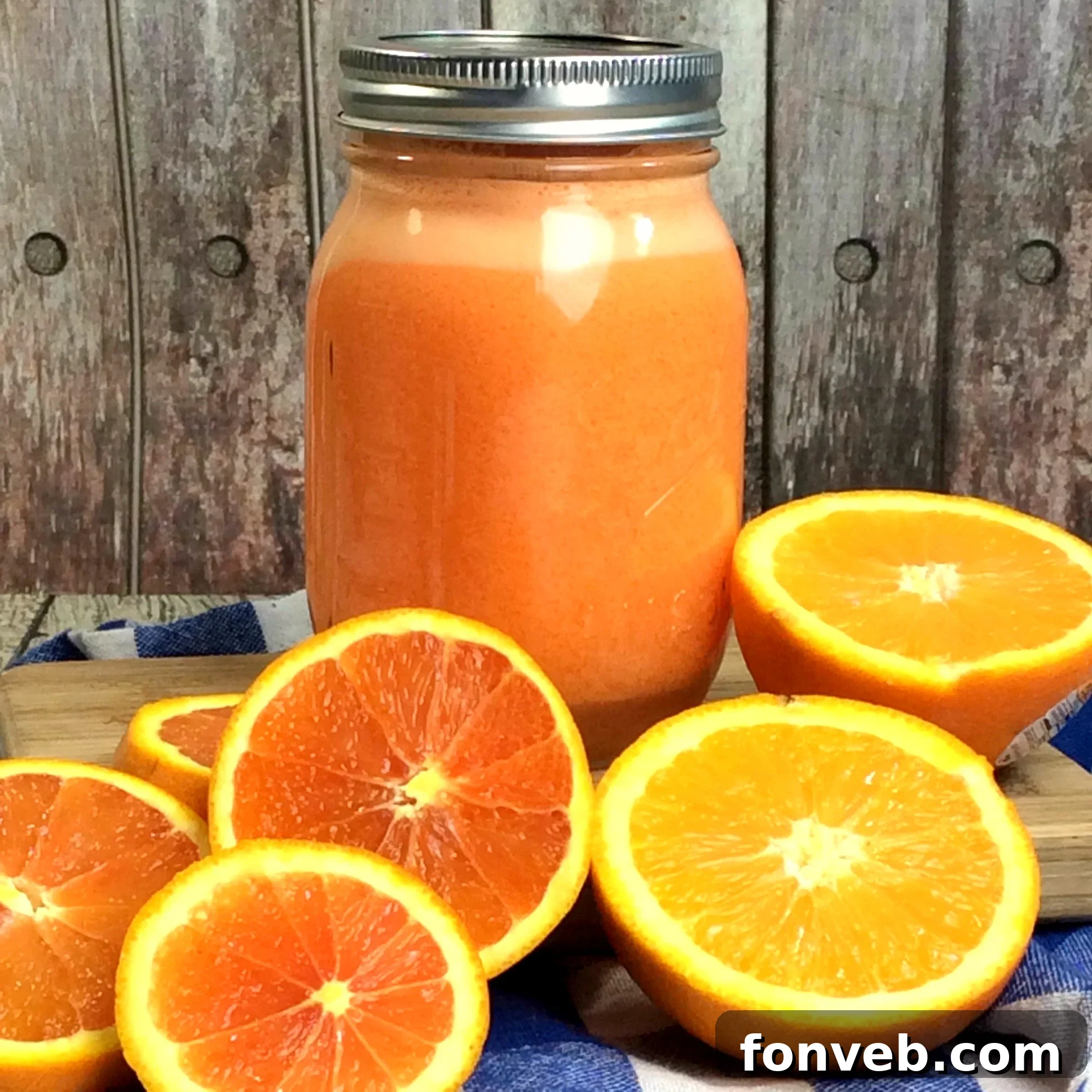 Close-up of Orange Creamsicle Moonshine with ice and orange slices, ready to be served.