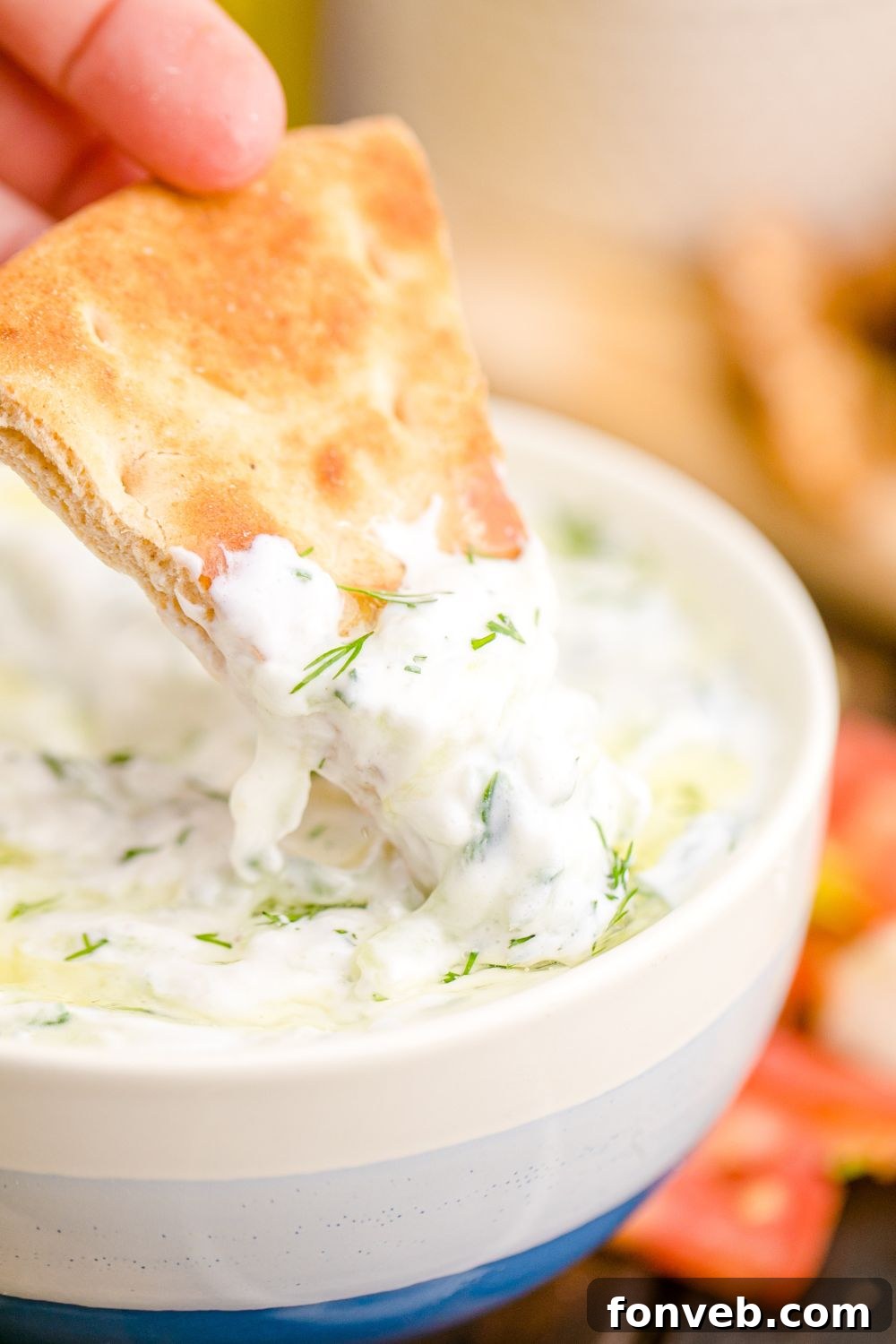 pita bread dipped in Tzatziki Sauce