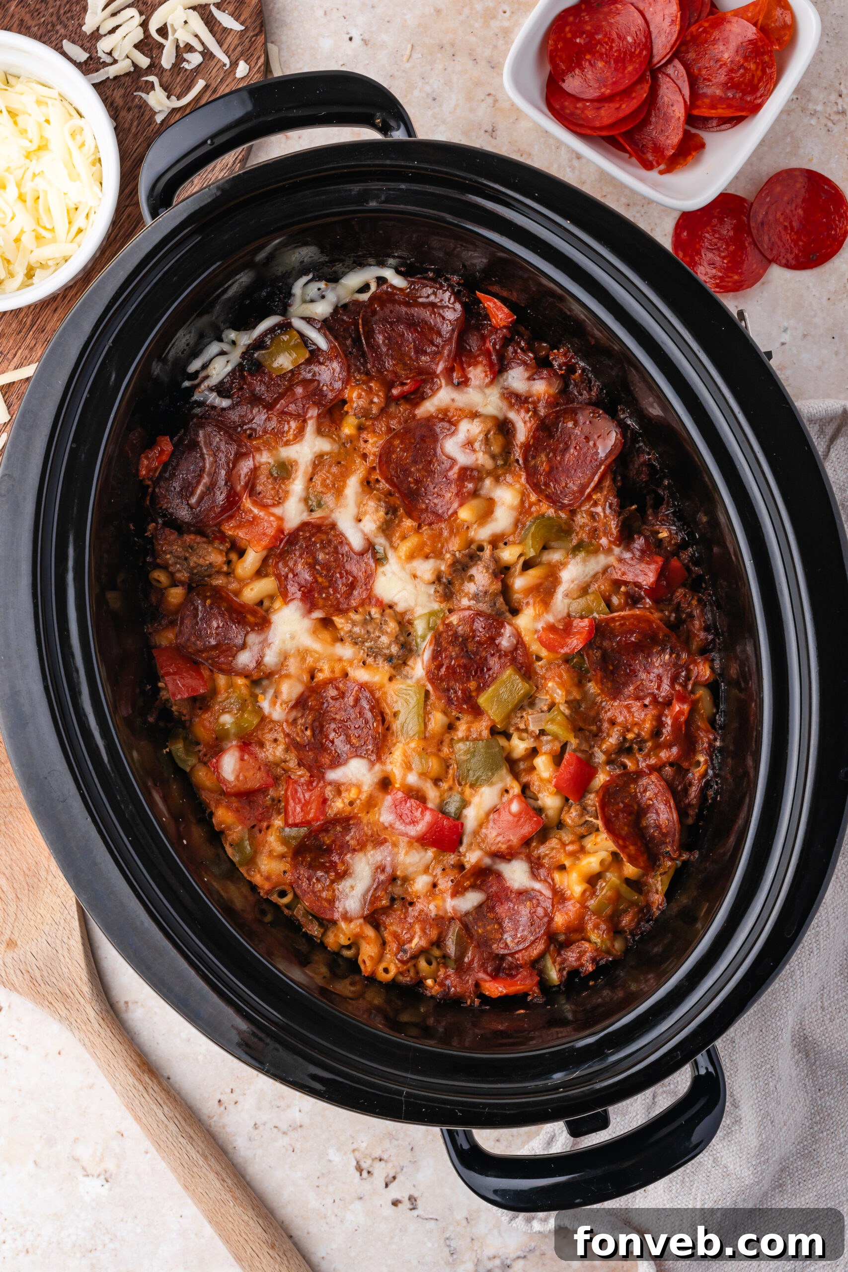 overhead shot of the Slow Cooker Pizza Casserole