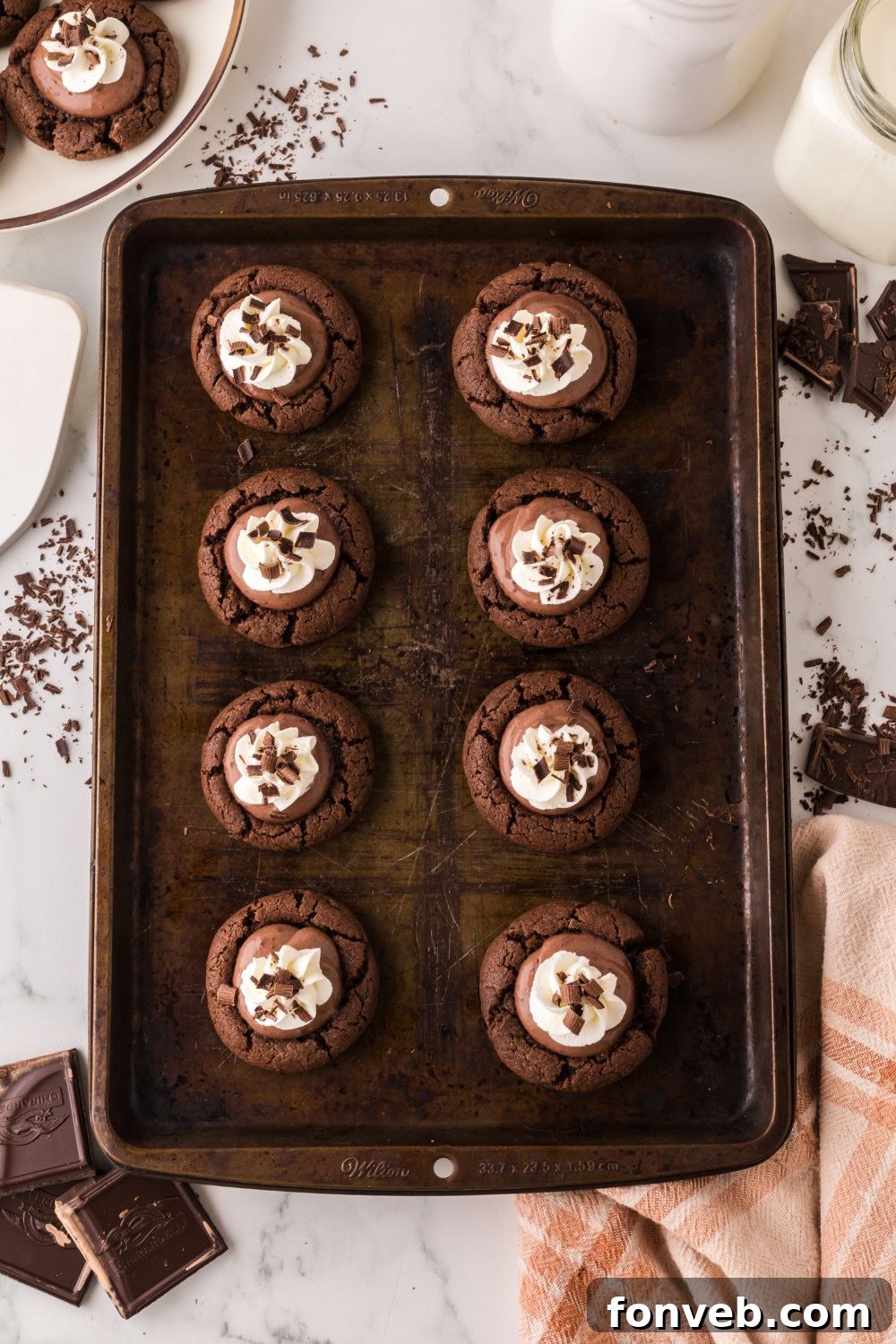 A close-up view of Chocolate Pie Cookies, emphasizing their rich chocolate color and creamy texture.