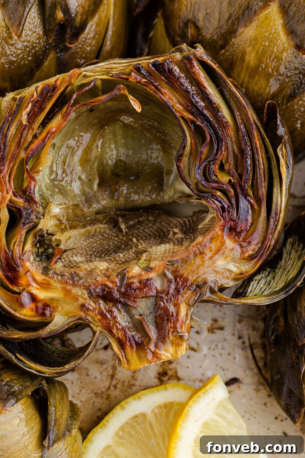 inside view of artichoke that has been baked in the oven
