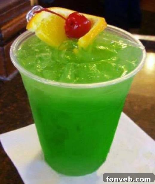 The Liquid Marijuana Drink, a bright green cocktail served over ice