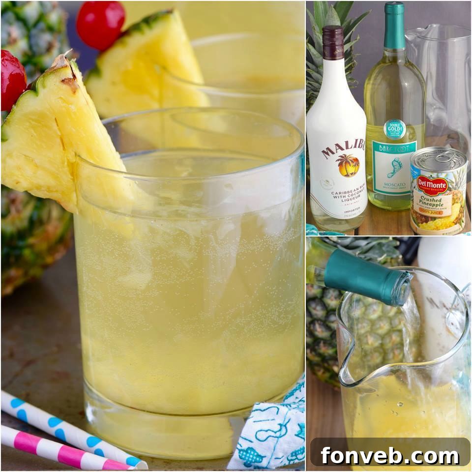 Pina Colada Sangria in a clear pitcher with fruit slices, ready to serve
