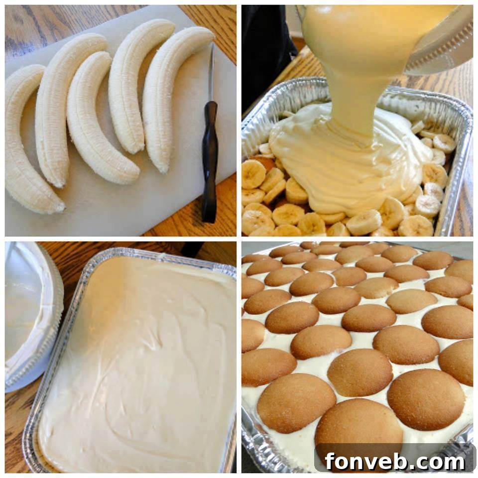 Creamy Not Yo Mama's Banana Pudding in a glass dish, topped with whipped cream and wafers