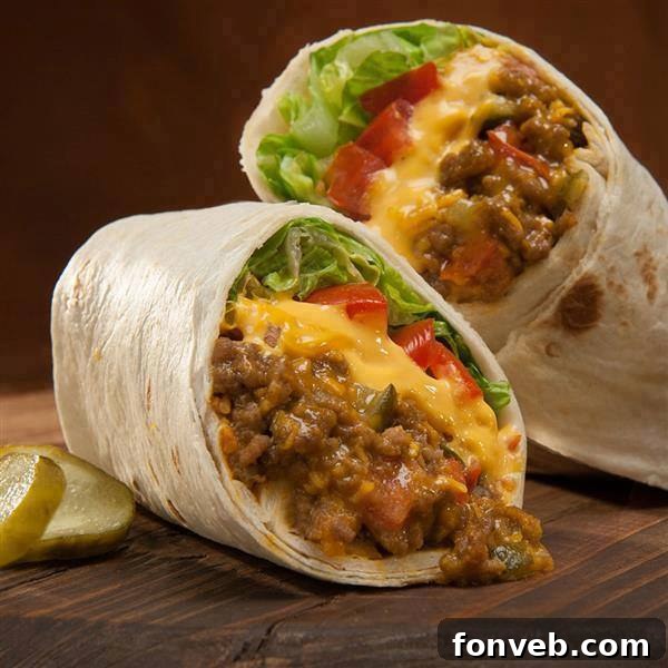 Cheeseburger Burritos, filled with ground beef, cheese, and various burger toppings