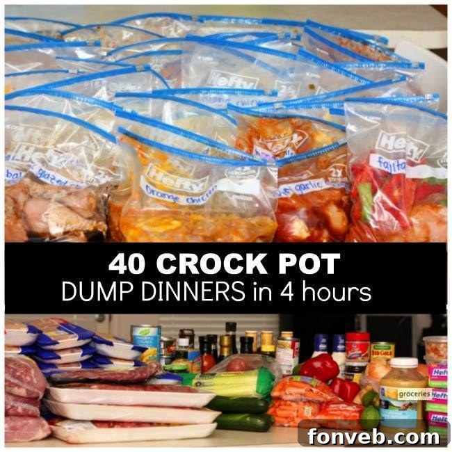 An array of ingredients organized in freezer bags for 40 Crock Pot Dump Dinners