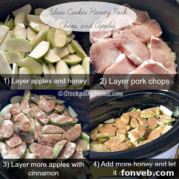 Tender Slow Cooker Pork Chops with apples and herbs in a pot