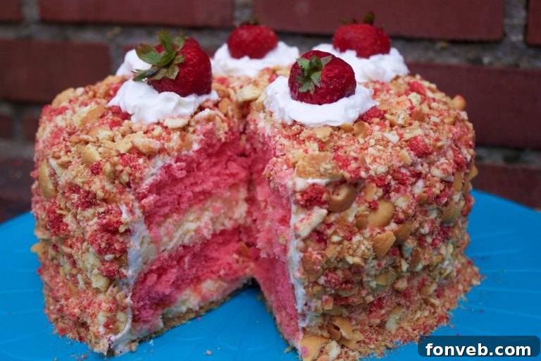 Strawberry Shortcake Cheesecake Cake with visible layers of cake, cheesecake, and fresh strawberries