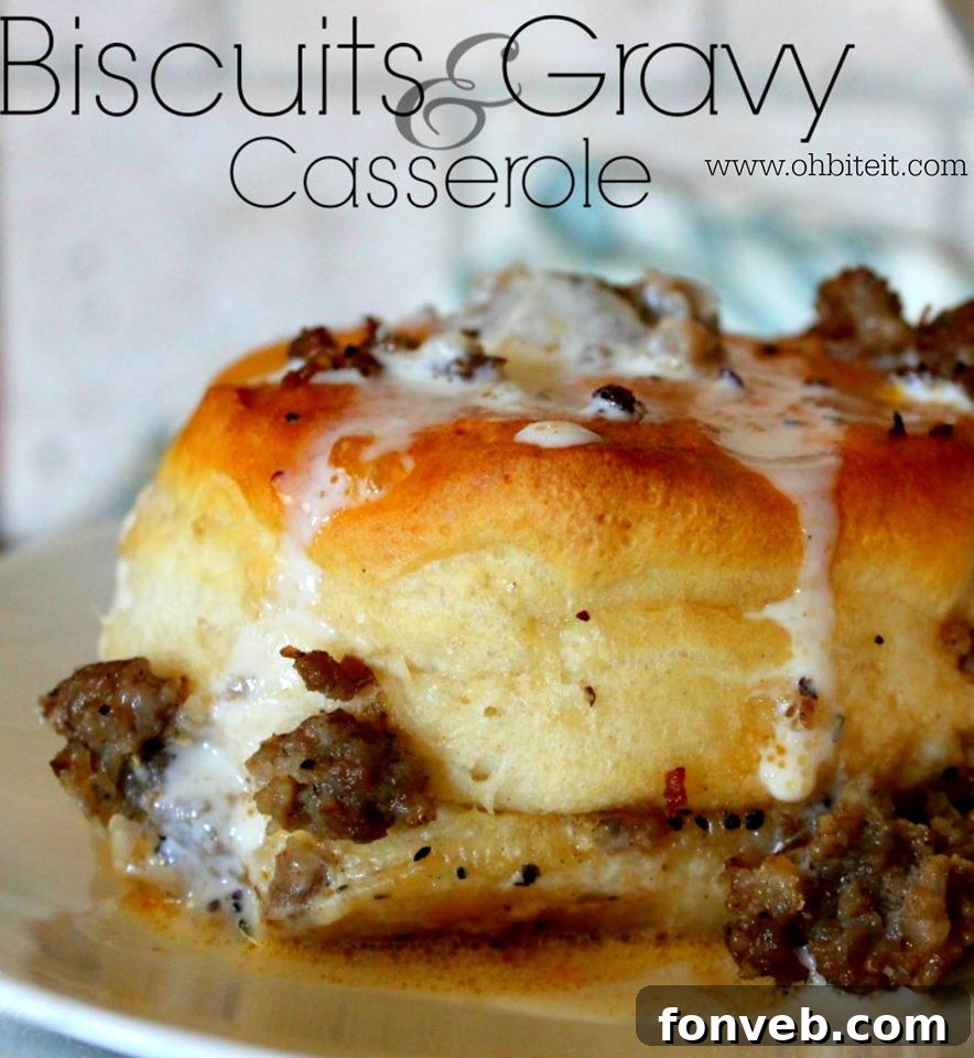 Biscuits and Gravy Casserole, a warm and comforting dish, ready to serve