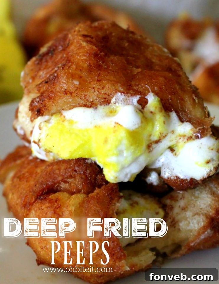 Crispy Deep Fried Peeps on a plate, dusted with powdered sugar