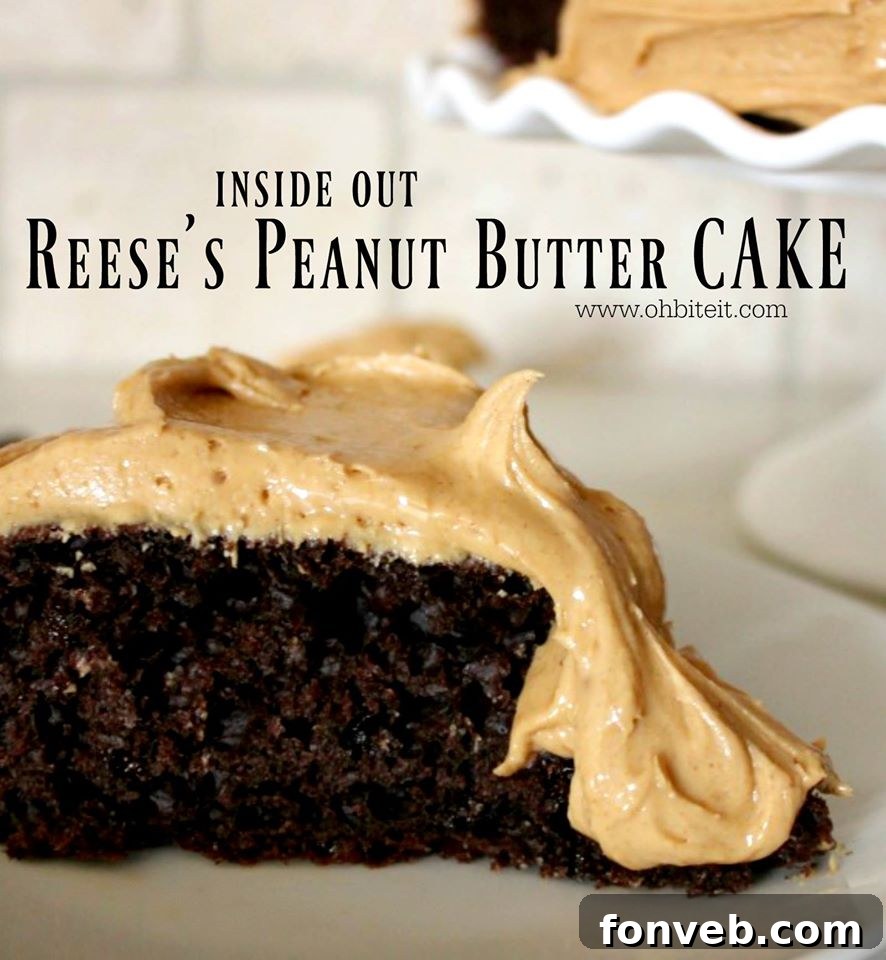 Inside Out Reese's Peanut Butter Cake, showcasing a rich chocolate cake with a creamy peanut butter center