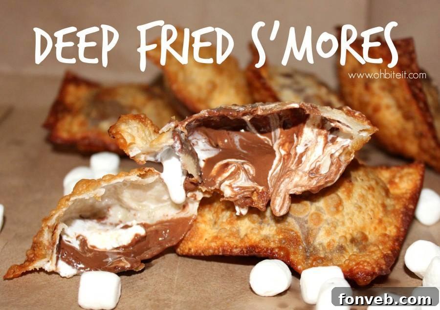 Golden-brown deep-fried s'mores, oozing with melted chocolate and marshmallow