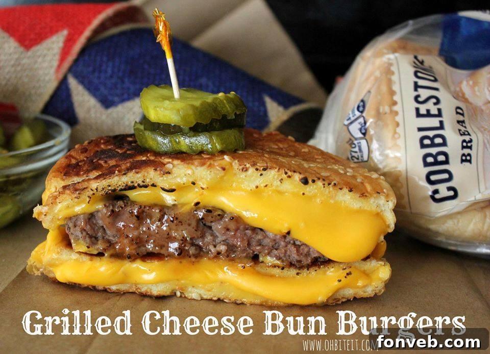 Grilled Cheese Bun Burgers, showcasing a juicy burger patty between two grilled cheese sandwiches