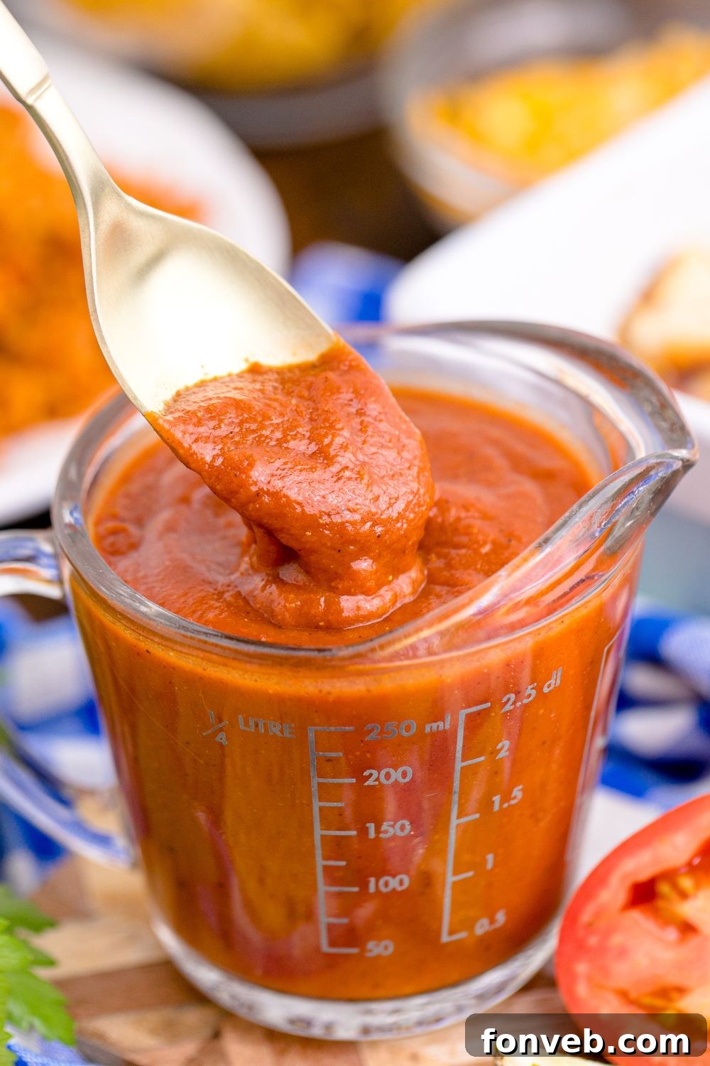 measuring cup with homemade enchilada sauce in it with a spoon lifting out some of the sauce