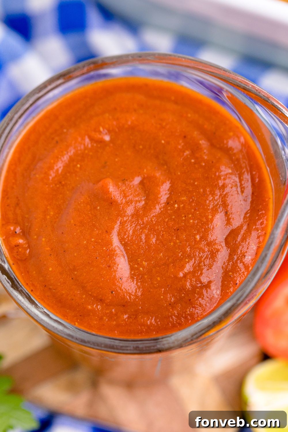 overhead view of Homemade Enchilada Sauce in a container 