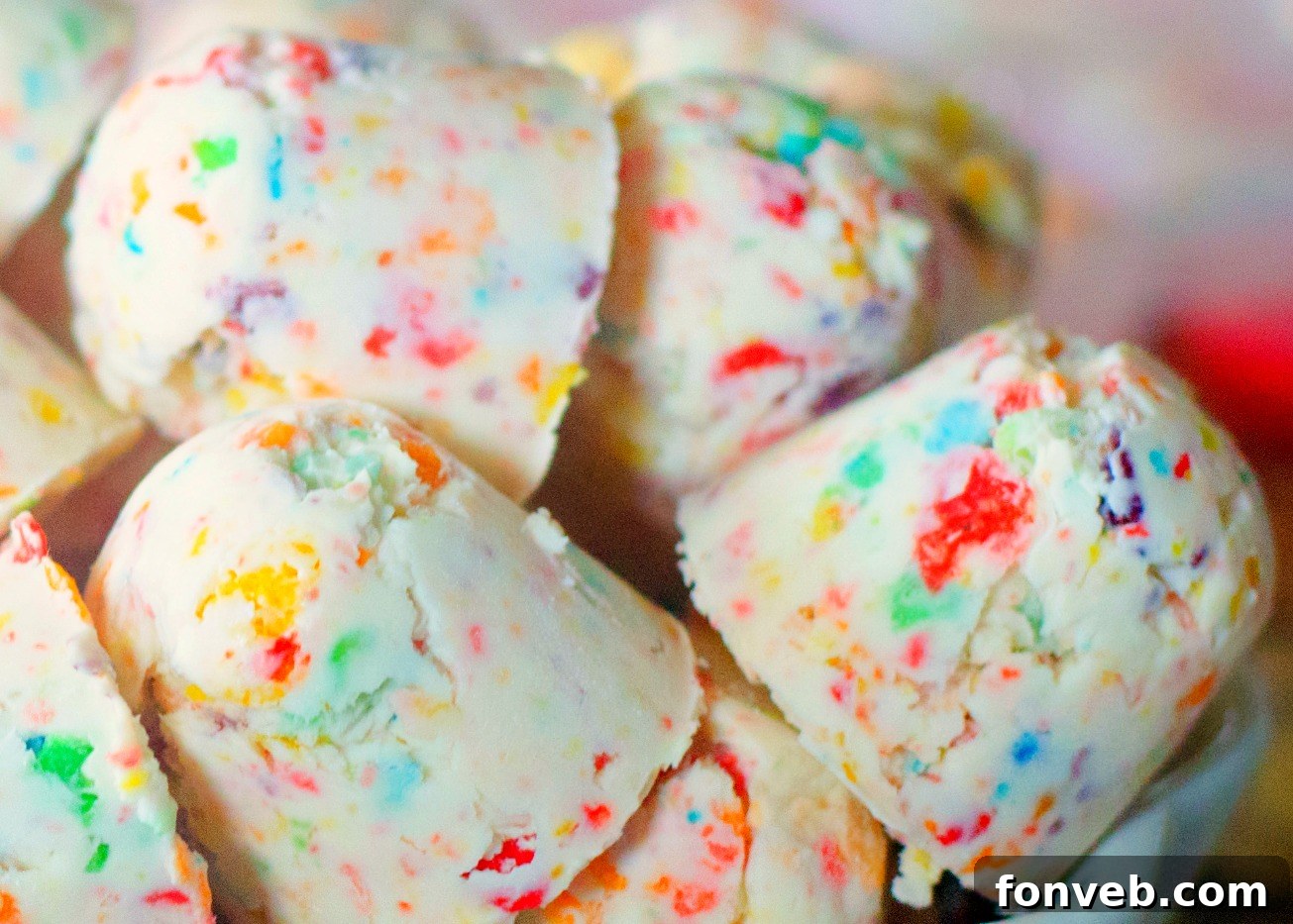 A bowl of cream cheese and Fruity Pebbles cereal, ready to be mixed for the no-bake cheesecake bites.