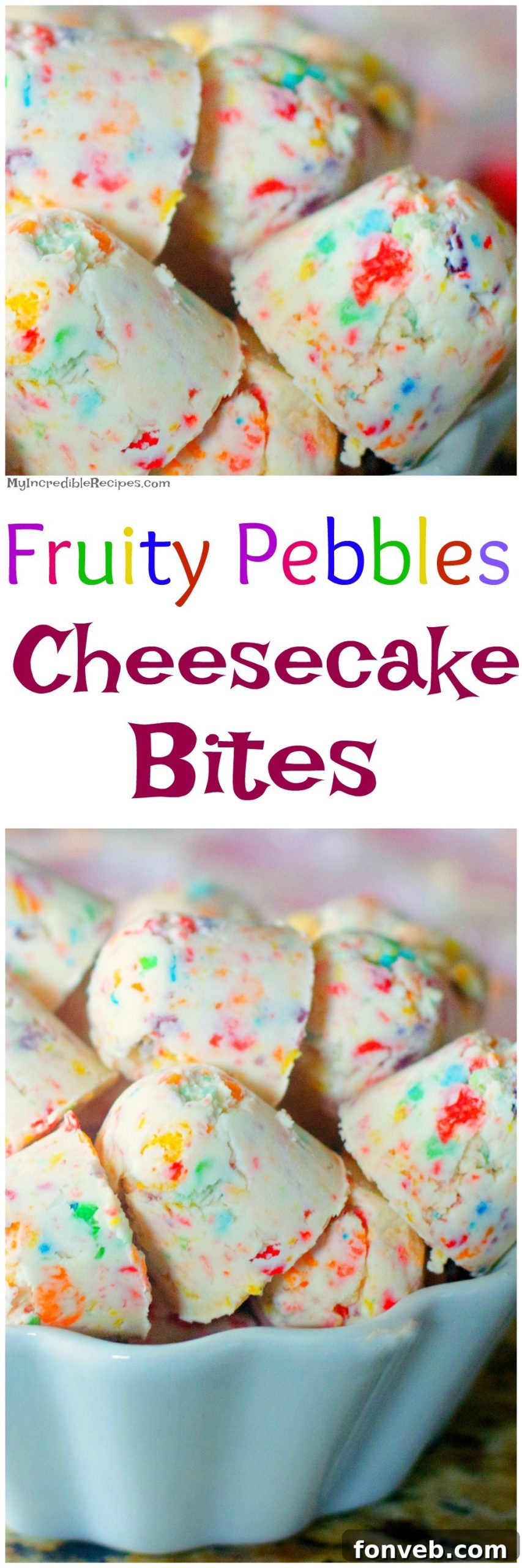 A vibrant display of Fruity Pebbles Cheesecake Bites on a white platter, garnished with extra cereal.
