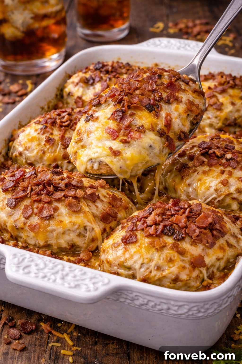 Four Cheese Bacon Stuffed Smothered Chicken Casserole in a baking dish