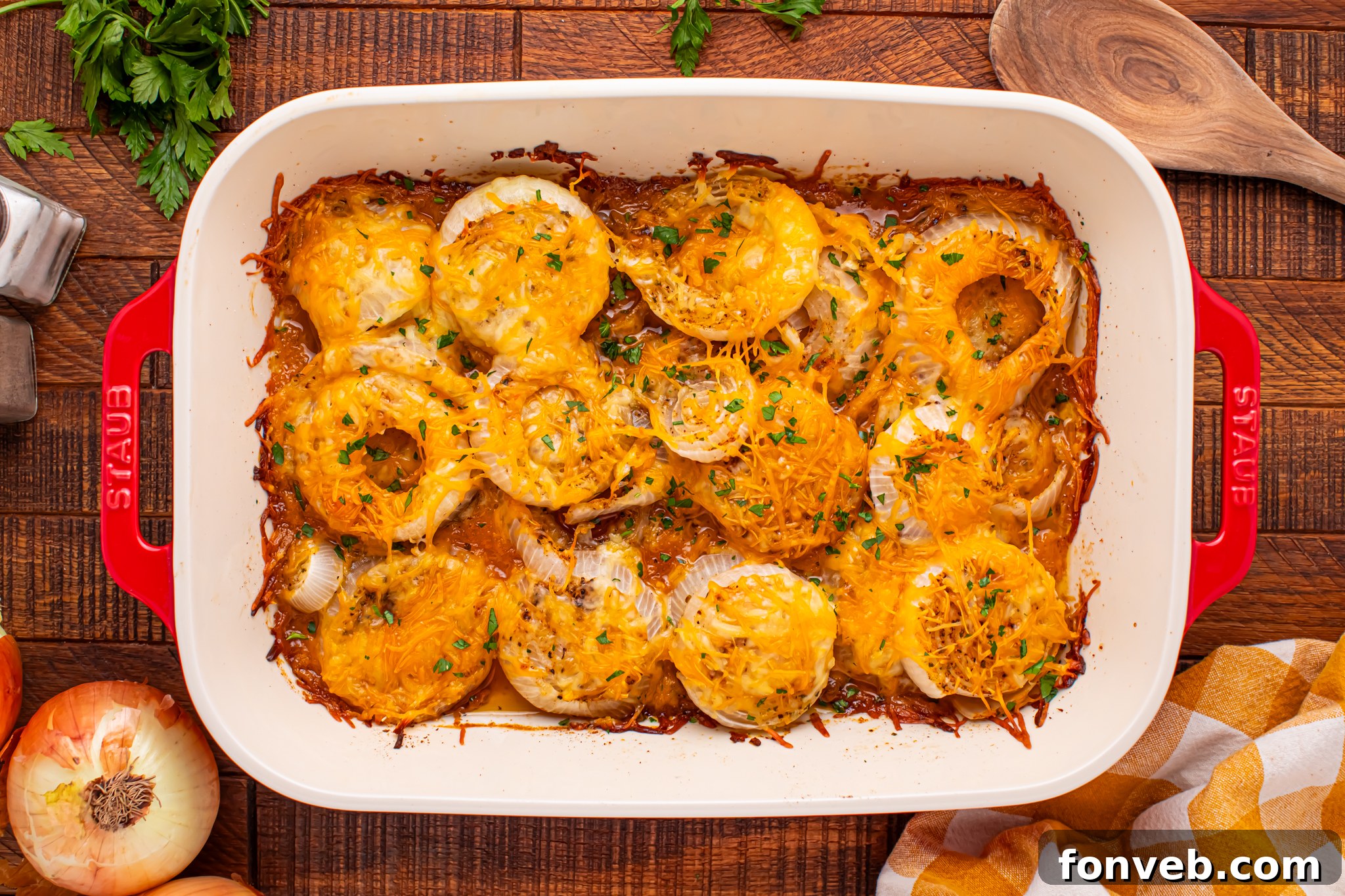 Cheesy Tennessee Onions overhead shot smothered in cheese