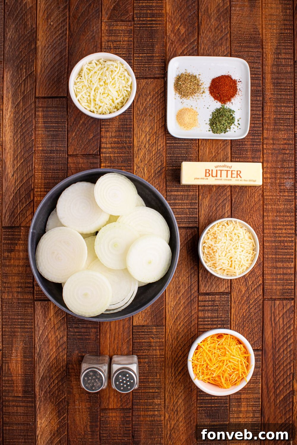 ingredients for Cheesy Tennessee Onions in single serve containers on a table 