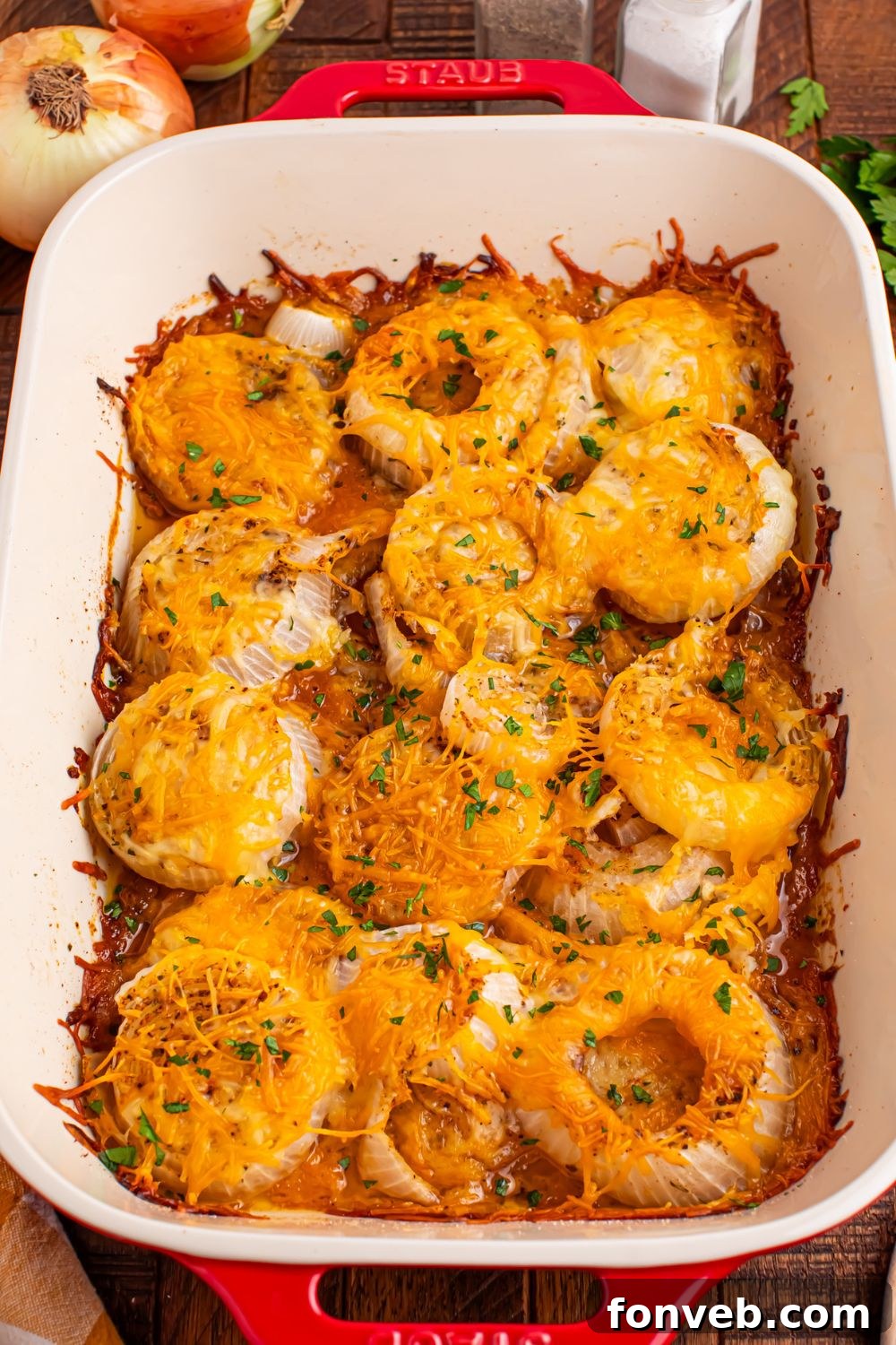 Cheesy Tennessee Onions in casserole pan on table 