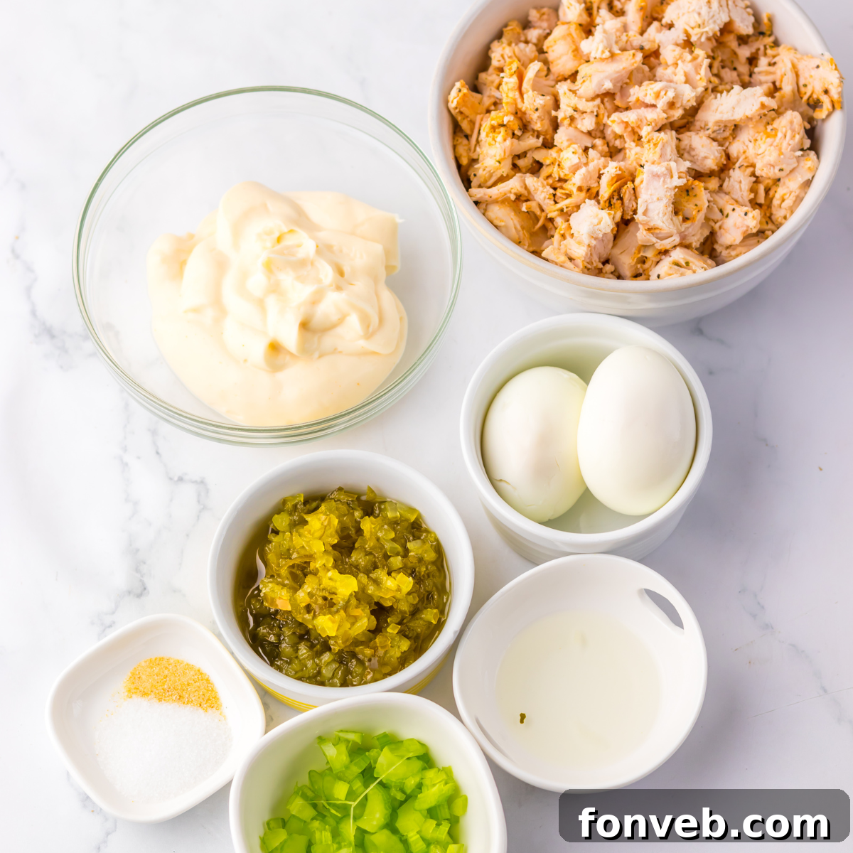 Overhead shot of the ingredients needed to make this chicken salad recipe. 