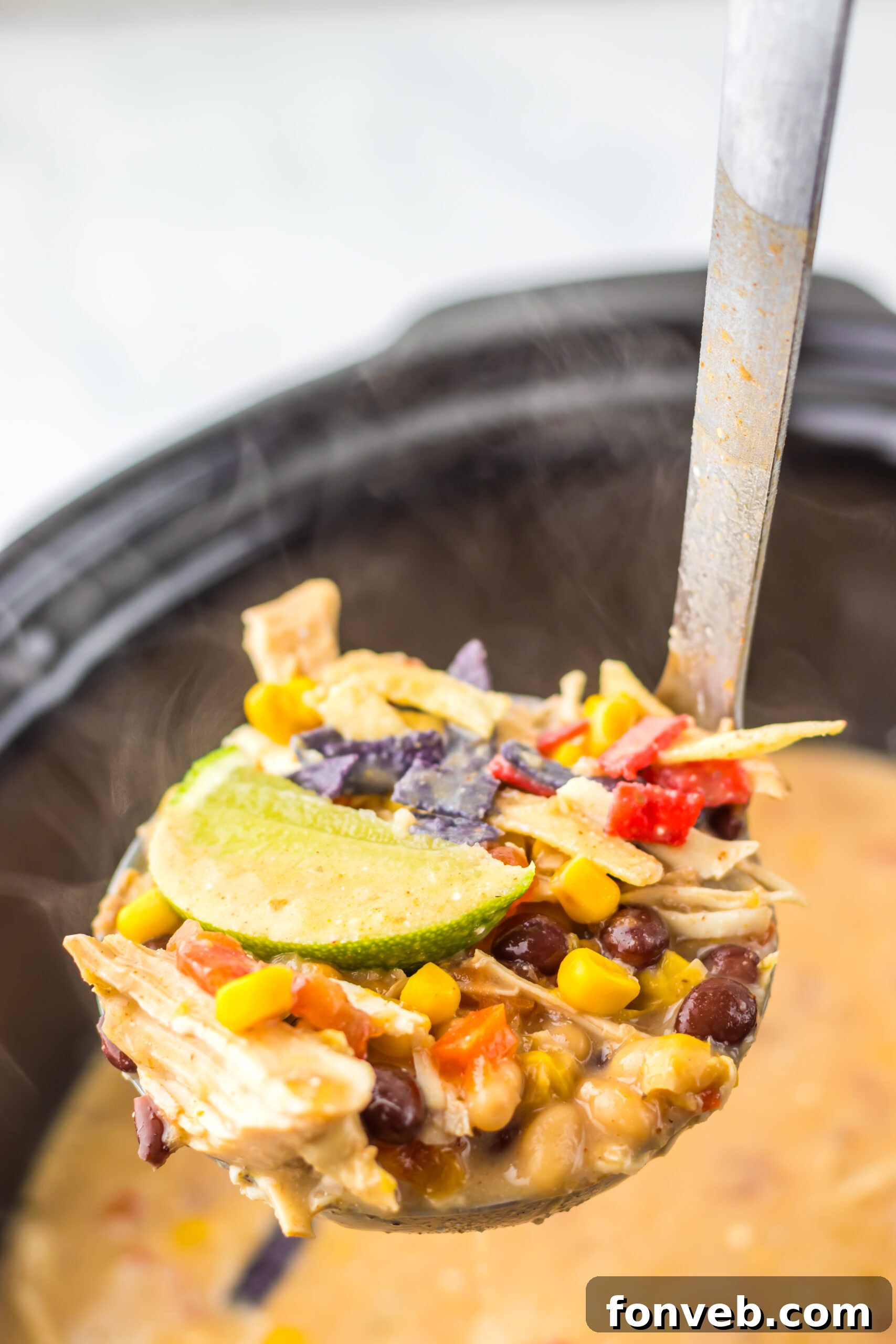 A ladle gracefully lifting a generous portion of Slow Cooker Chick-Fil-A Tortilla Soup, showcasing its rich texture and ingredients.