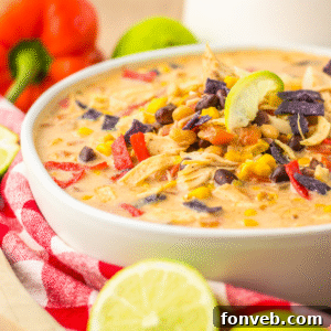 Close up side view of Slow Cooker Tortilla Soup in a white bowl with a tortilla chip topping.