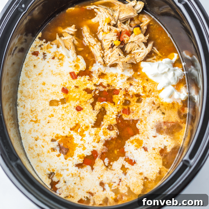 Various stages of making Slow Cooker Tortilla Soup, including raw ingredients, mixed ingredients in the slow cooker, and the finished soup.