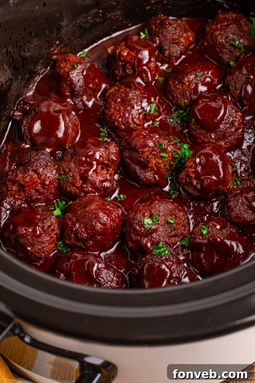 Crockpot Homemade BBQ Meatballs in CrockPot on table 