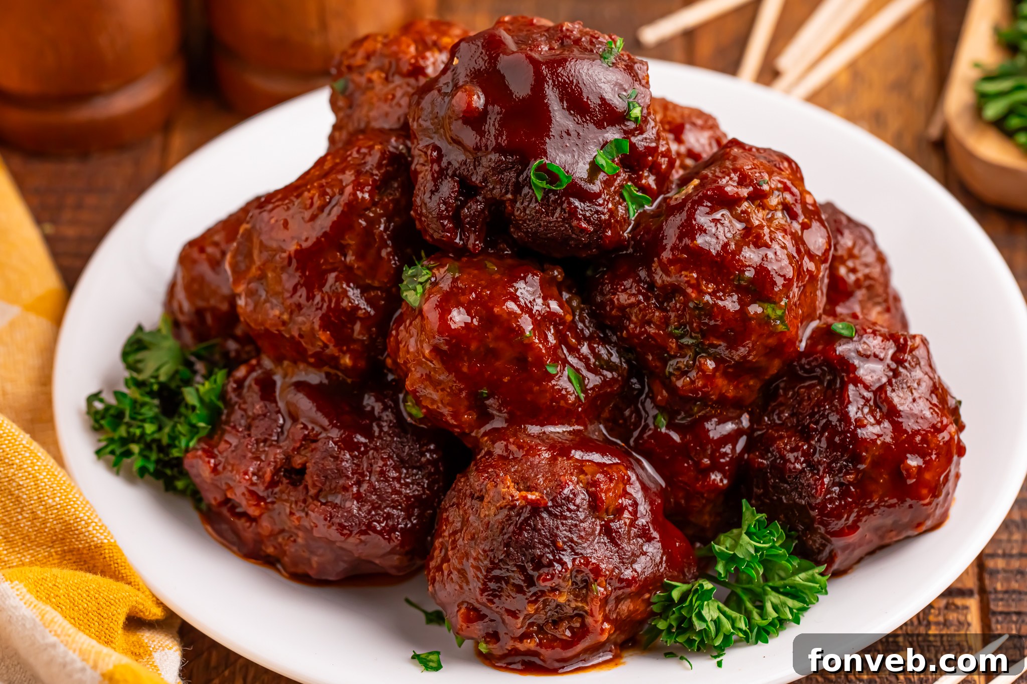 Crockpot Homemade BBQ Meatballs piled on a white plate 