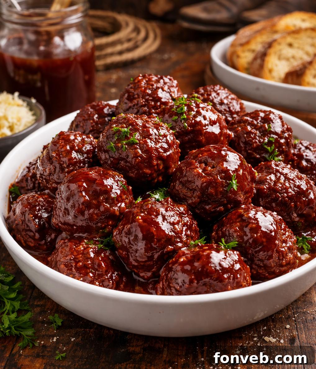 Crockpot Homemade BBQ Meatballs in a white bowl 