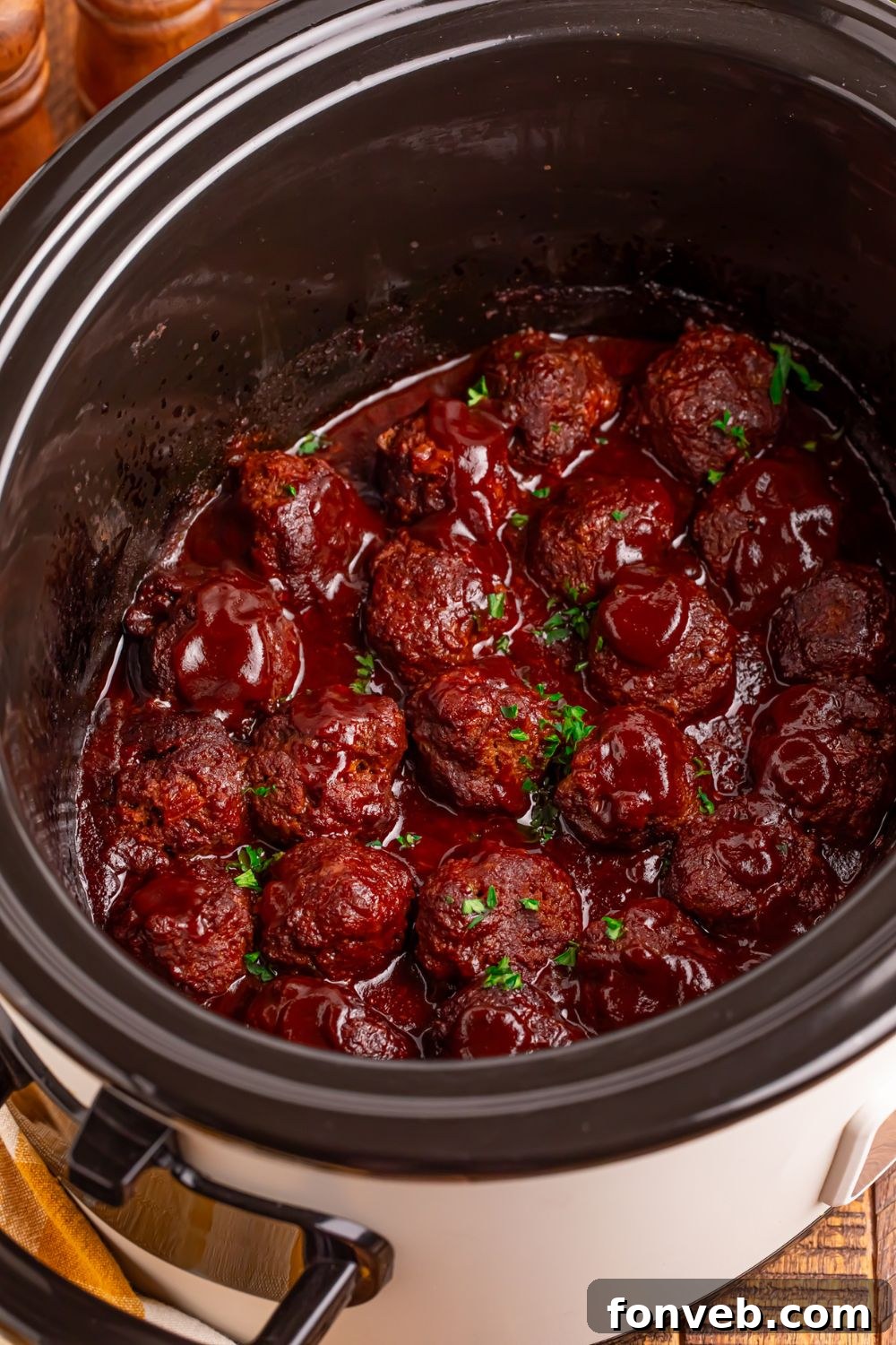overhead look of Crockpot Homemade BBQ Meatballs on table 
