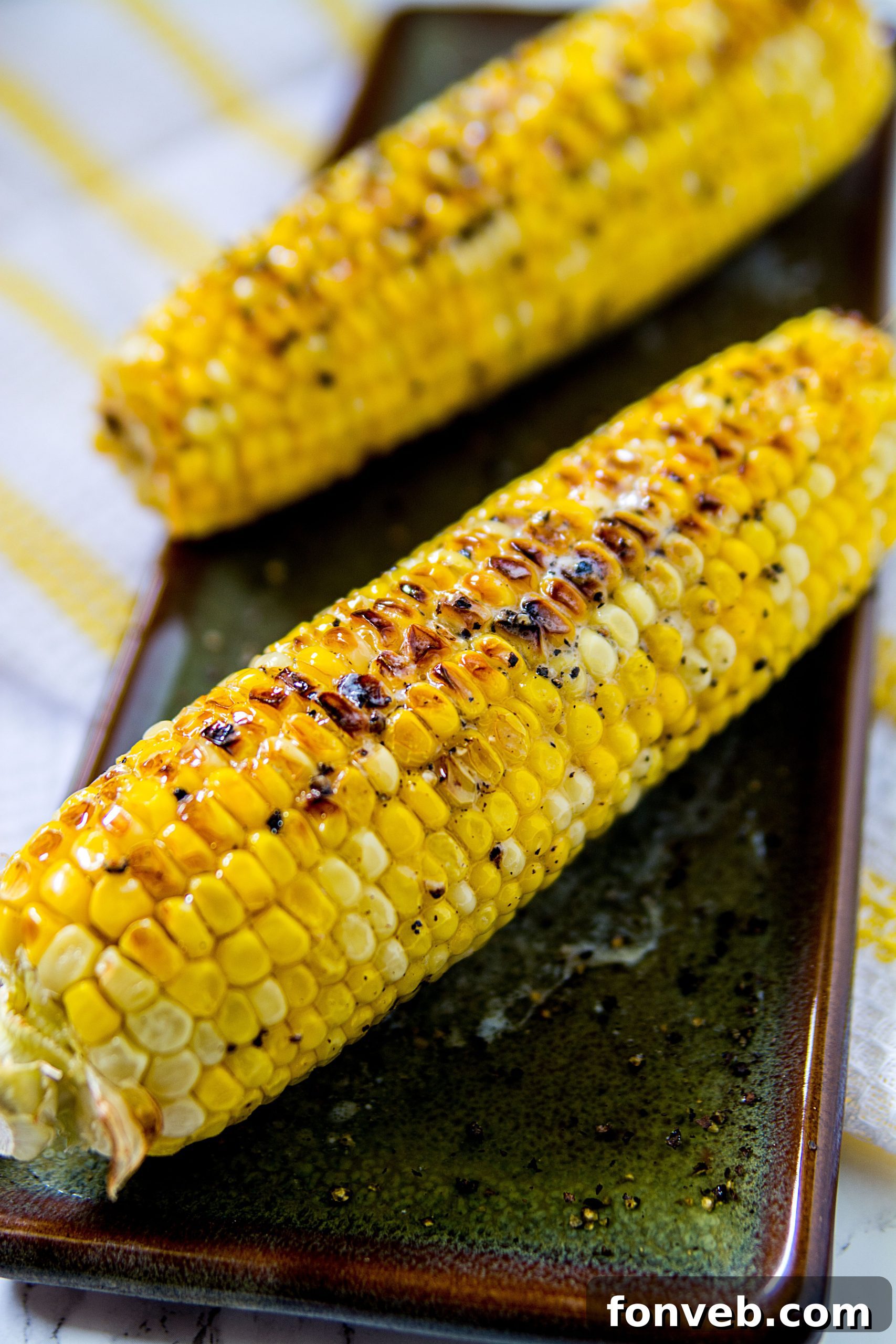 Golden brown, perfectly roasted corn on the cob served on a platter, ready to be enjoyed.