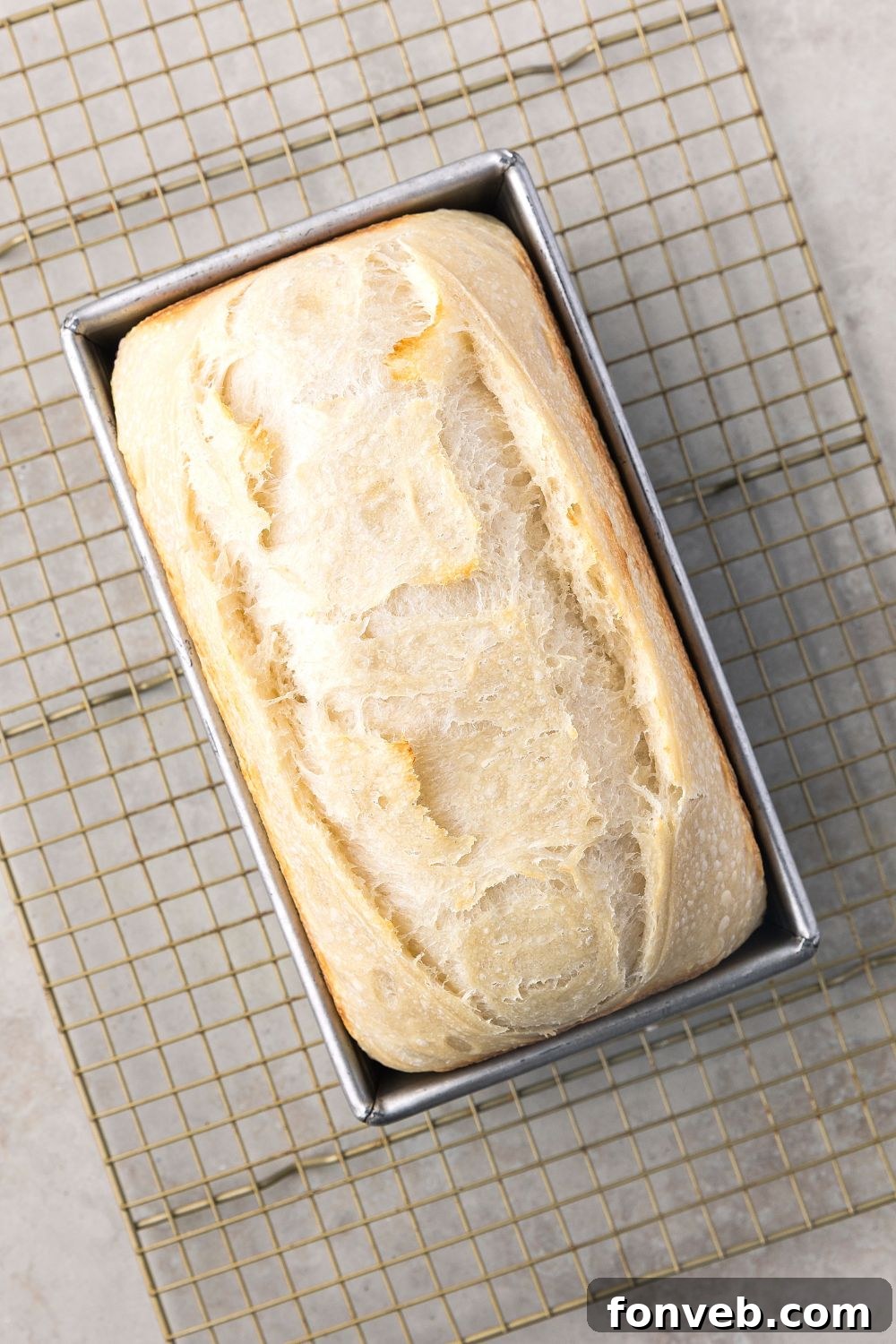 Effortless Homemade Sourdough Perfectly Crusty Always 19 baked Homemade Sourdough Bread in a loaf pan on cooling rack