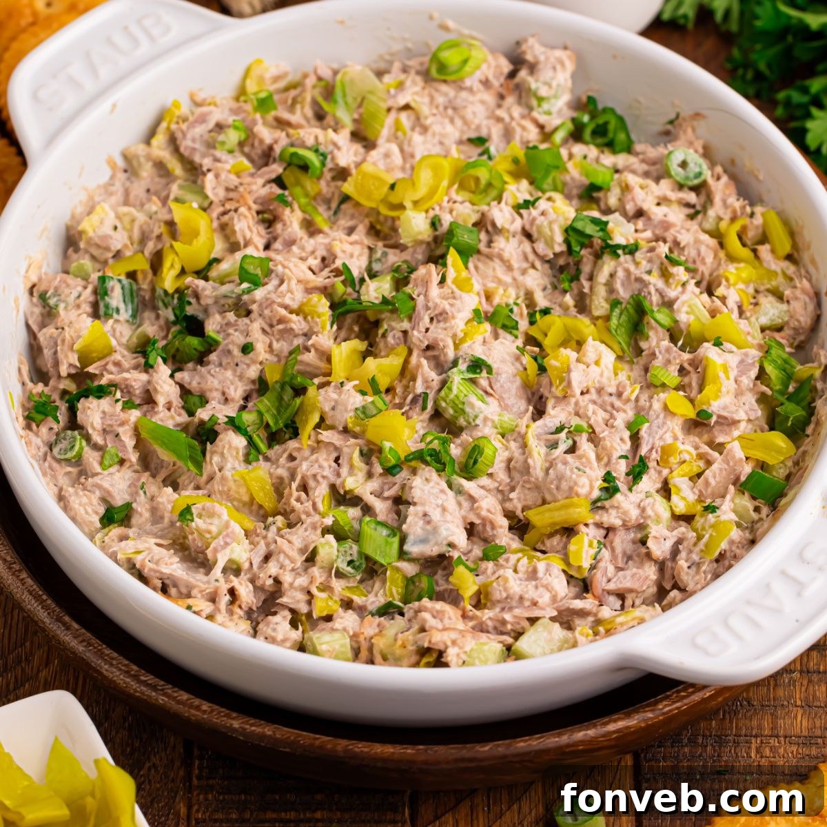 Pepperoncini Ranch Tuna Salad in a white bowl on table 