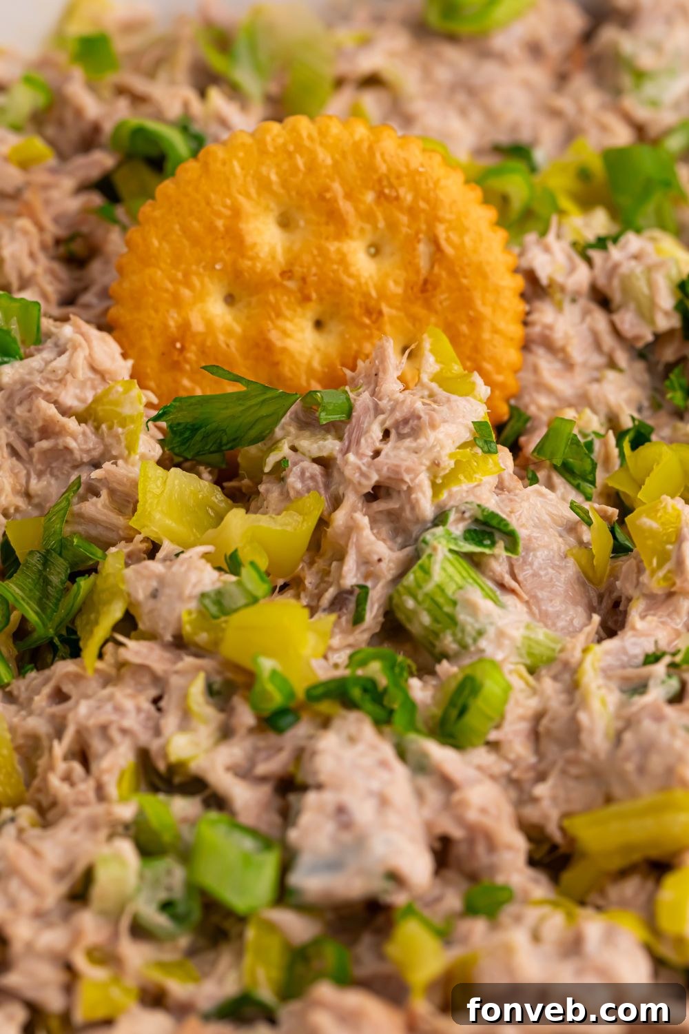 Pepperoncini Ranch Tuna Salad with a Ritz cracker pressed into the mixture 