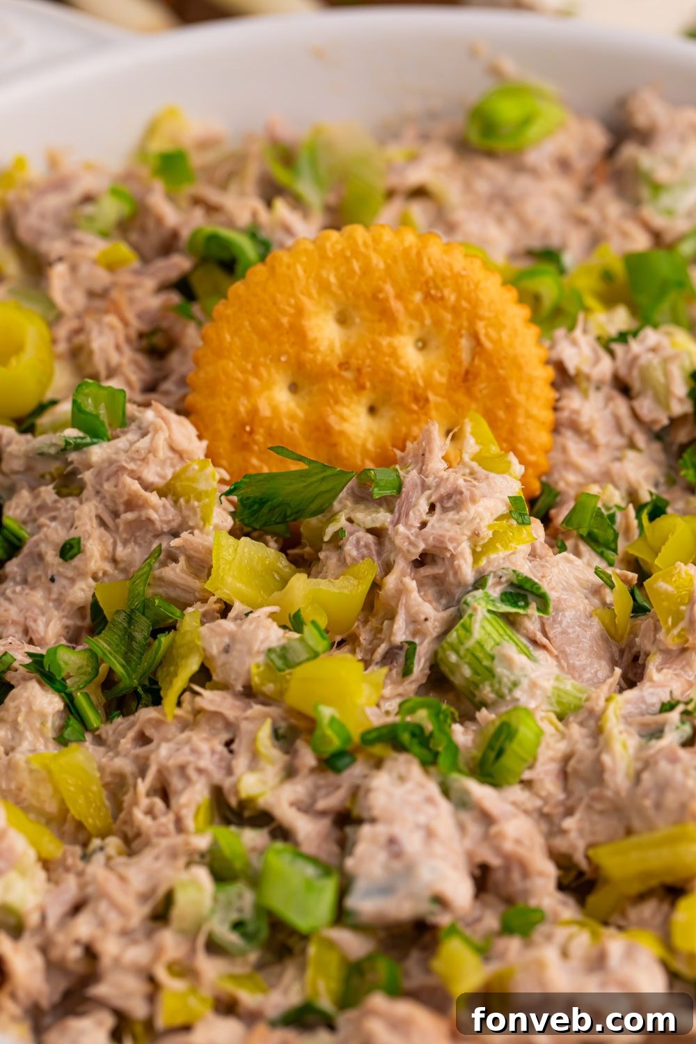 bowl of Pepperoncini Ranch Tuna Salad with a cracker pressed into it 
