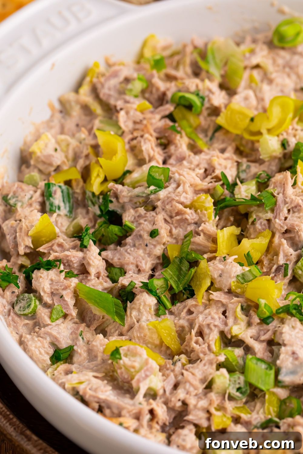 Pepperoncini Ranch Tuna Salad in a white bowl on table 