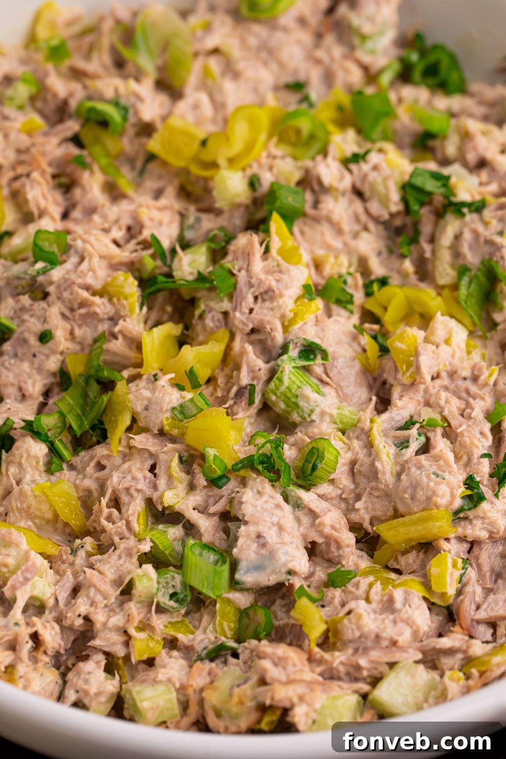 close up of Pepperoncini Ranch Tuna Salad in a bowl 