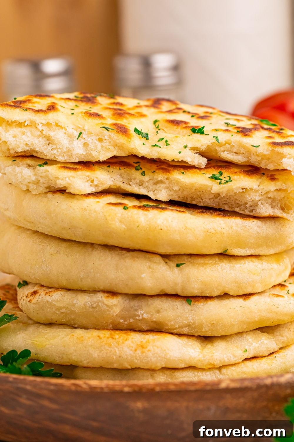 A tray of stacked and sliced 3-Ingredient Flatbreads, showing their inner texture