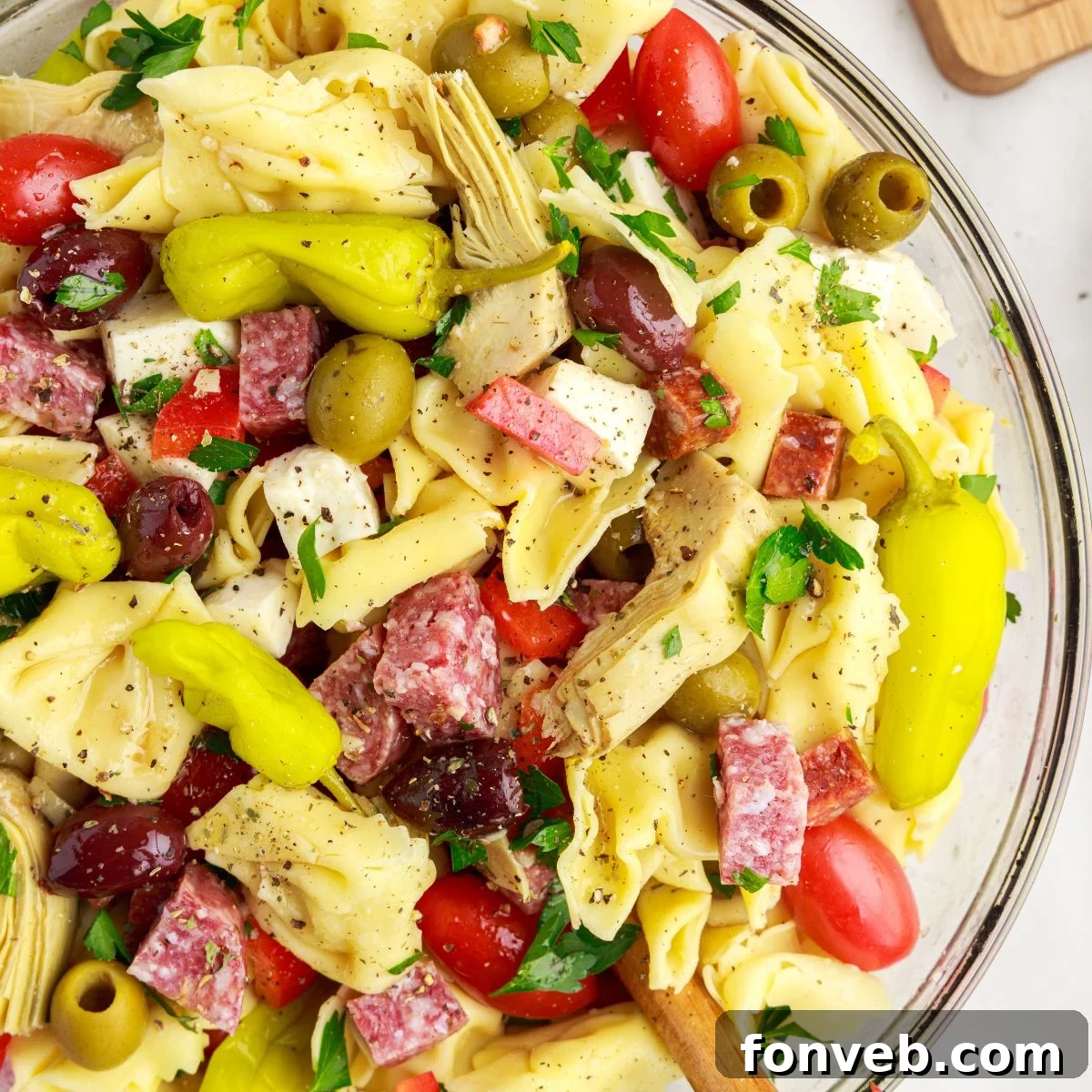 Antipasto Tortellini Pasta Salad in a bowl on table 