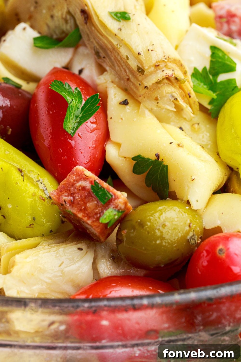 close up of ingredients in Antipasto Tortellini Pasta Salad