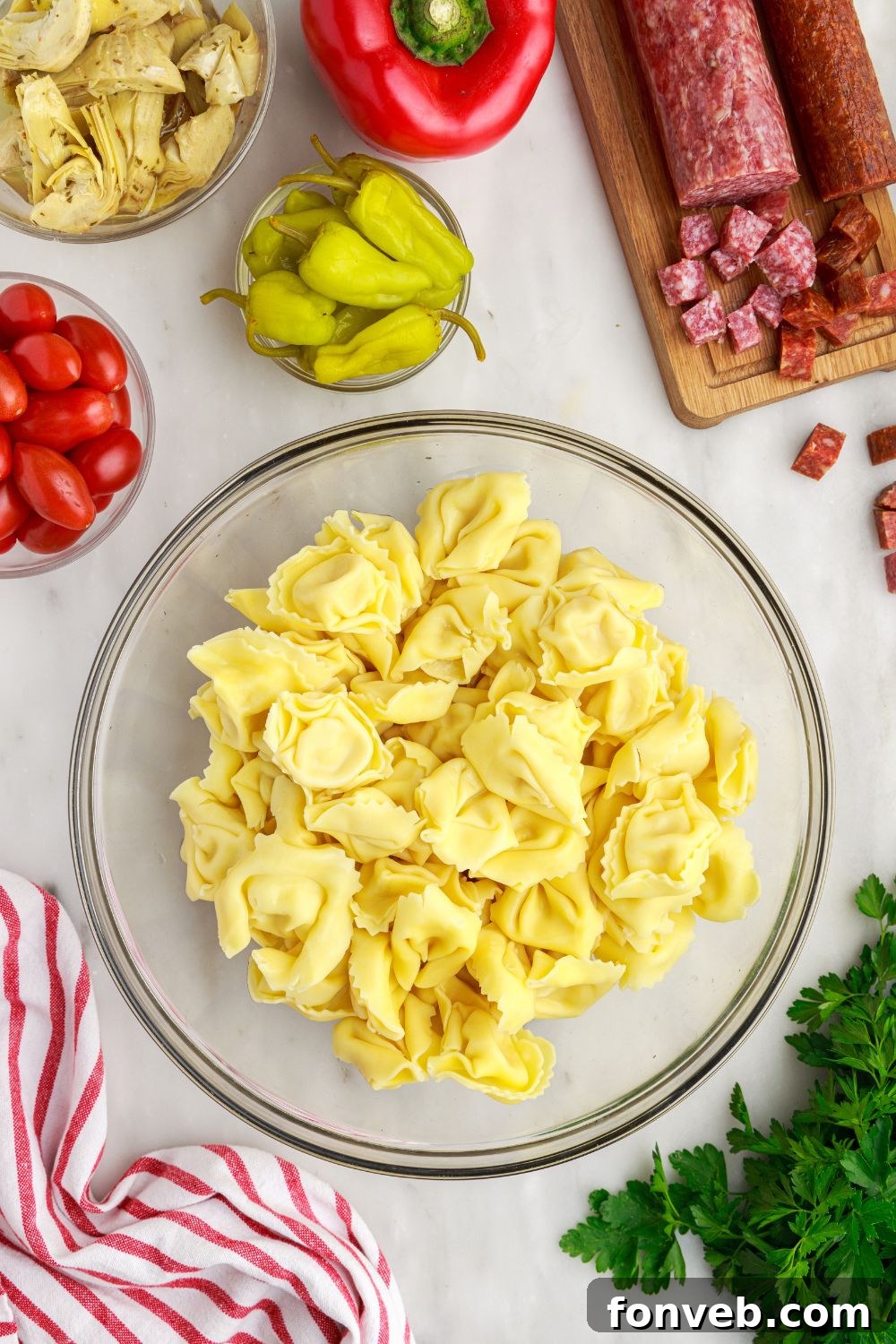 tortellini pasta in a glass bowl 