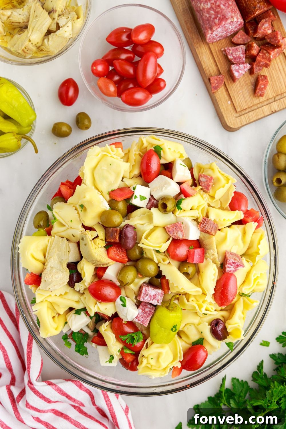 Antipasto Tortellini Pasta Salad mixed in a bowl 