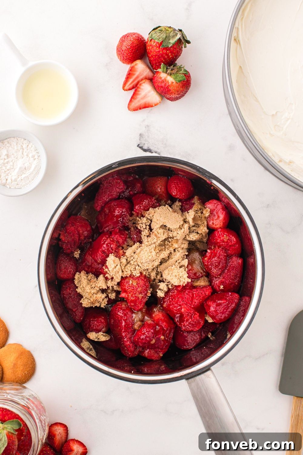 ingredients to make a strawberry glaze in pan 
